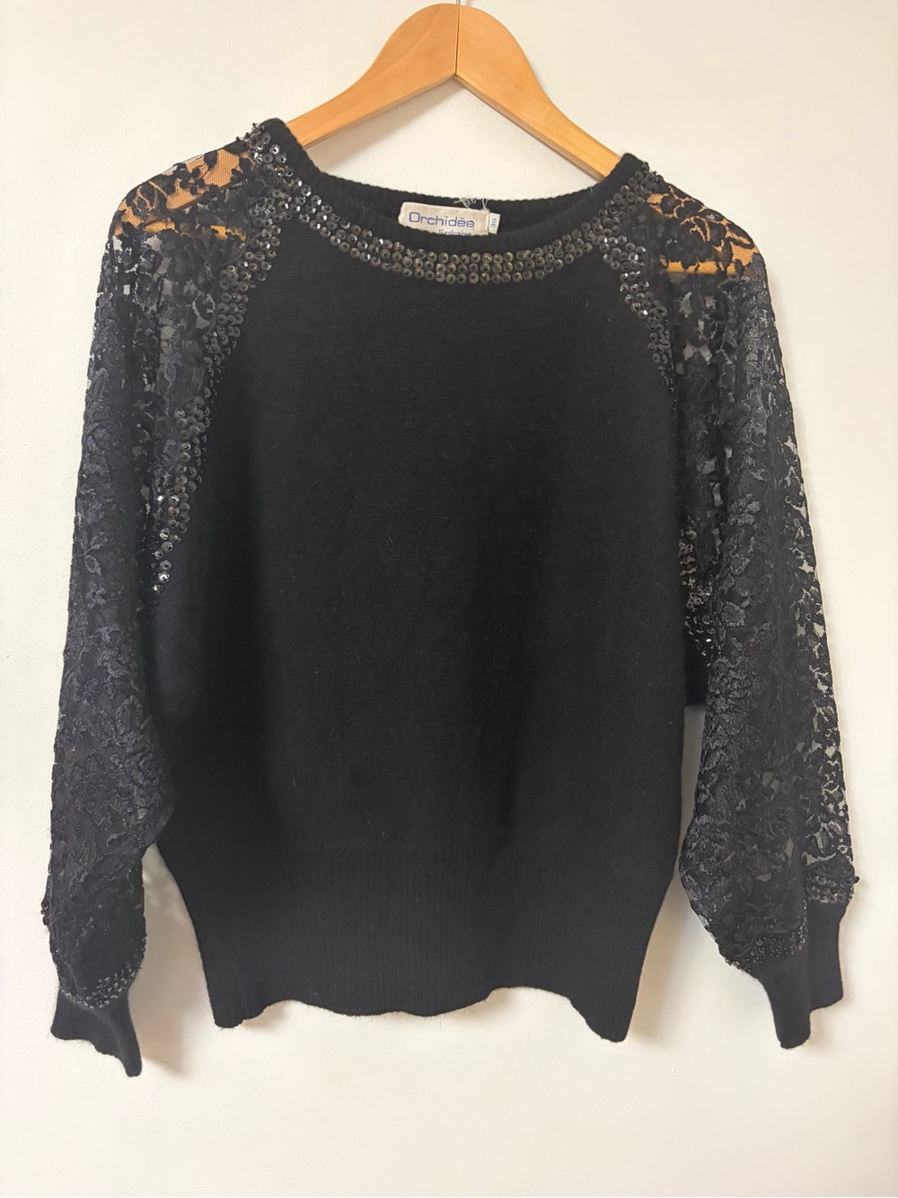 Vintage Orchidee Size 8 Black Lace Sleeve Lambswool Angora Crewneck Sweater